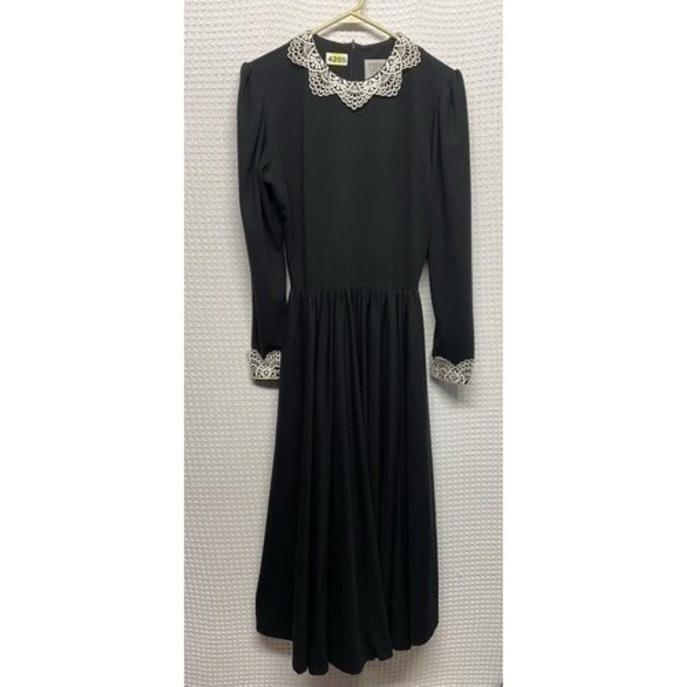VTG Sabino Black Crochet Collar Cuff Waist Defined Midi Church Dress Women 12 US - Picture 7 of 10